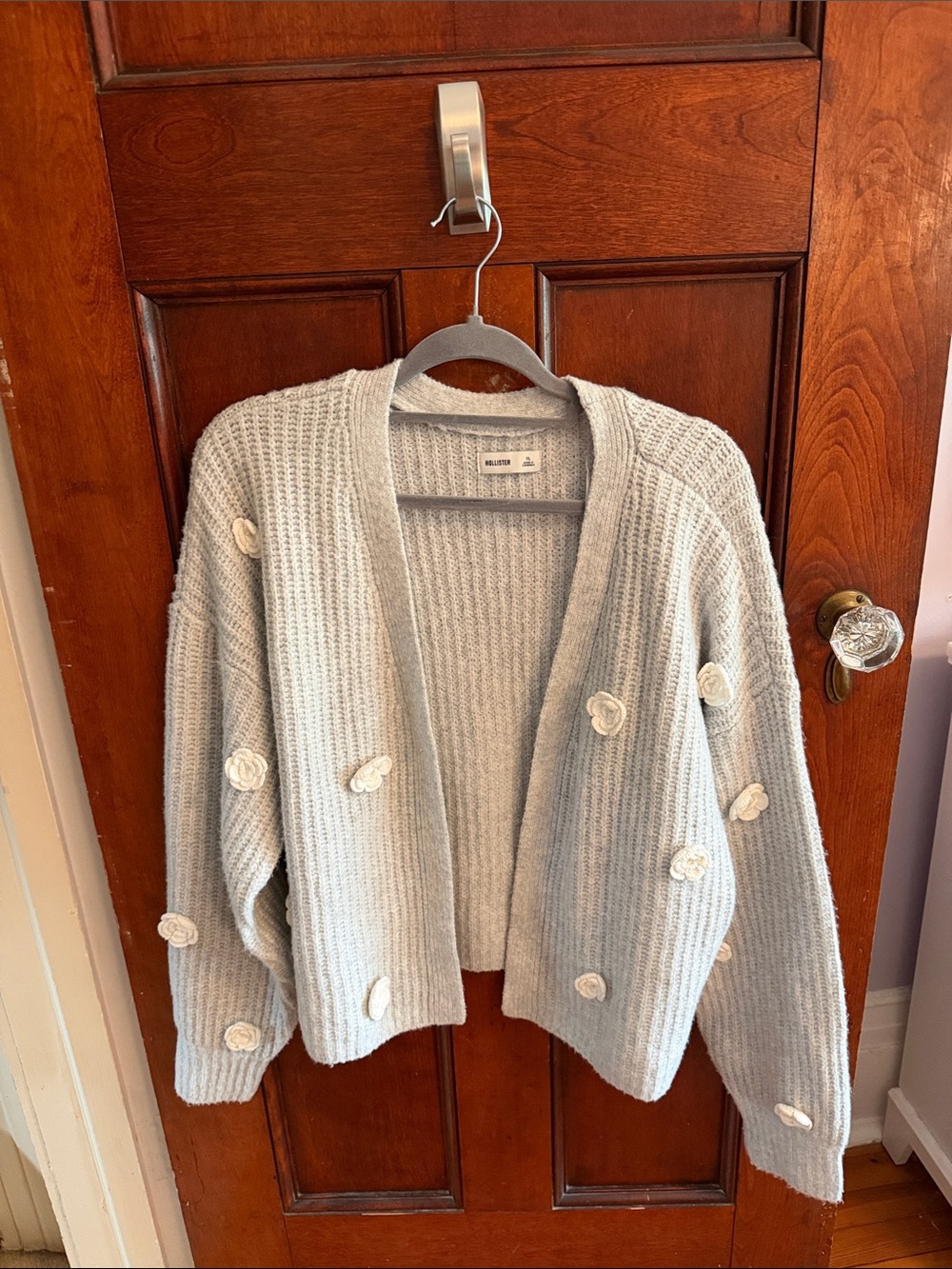 Hollister Light Gray Floral Appliqué Cardigan